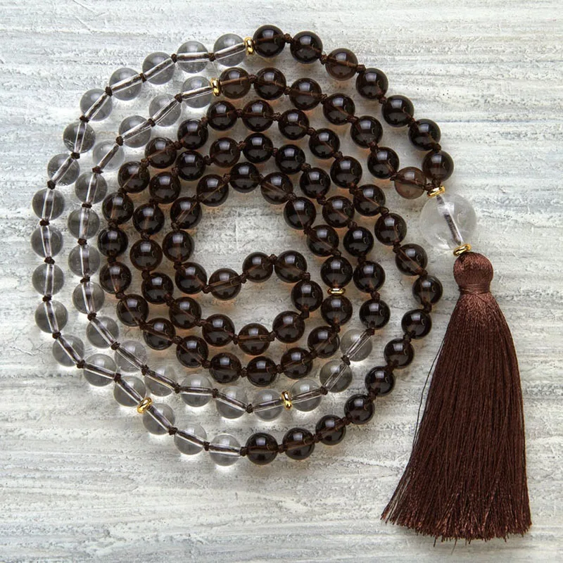 

Metaphysical gifts for meditation Clear quartzs healing 108 mala necklace Smoky quartzs necklace Mens