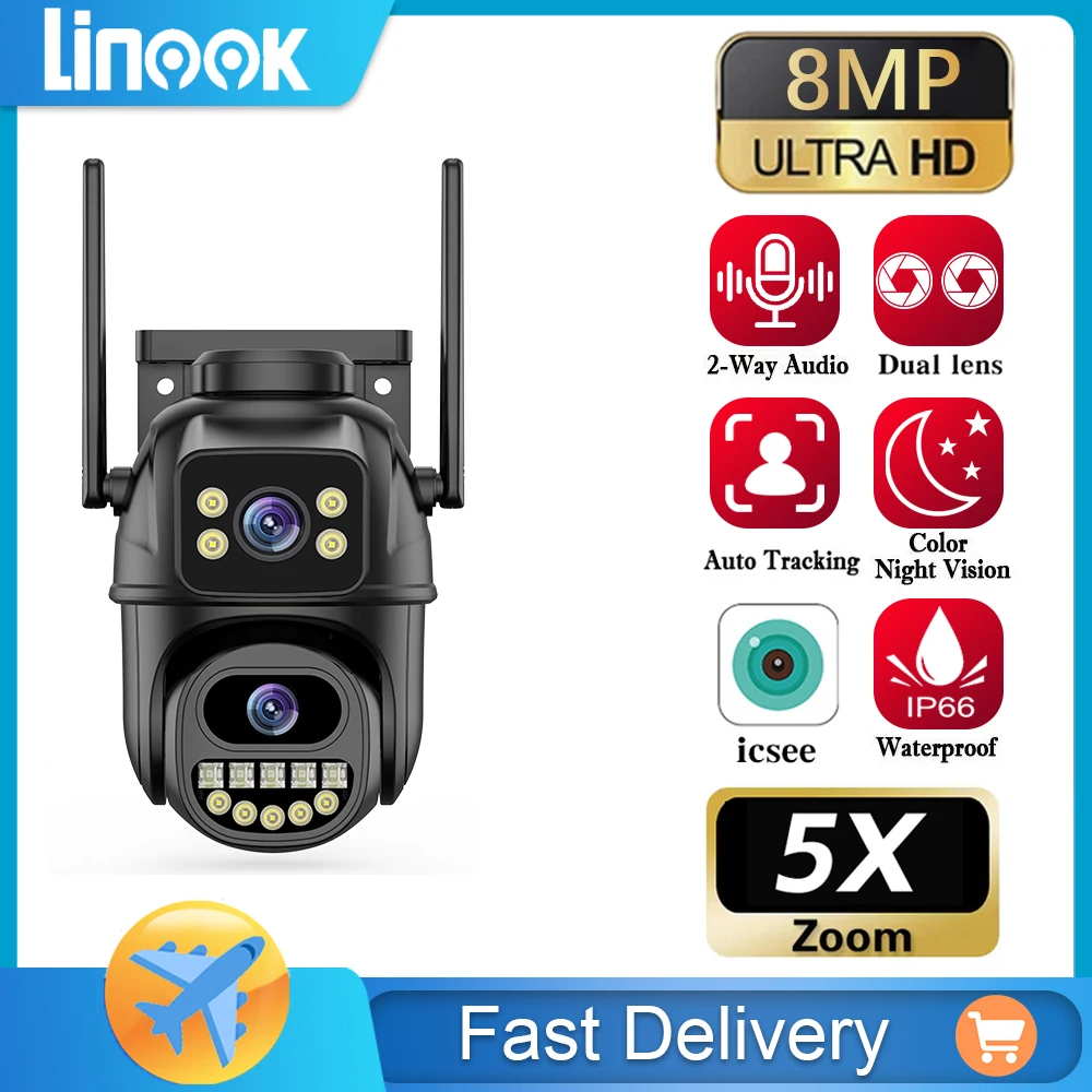 

Linook, dual lens, ICSEE, 8MP, CCTV wireless outdoor 360, IP66 waterproof pan tilt security camera IP WIFI connection 4K monitor