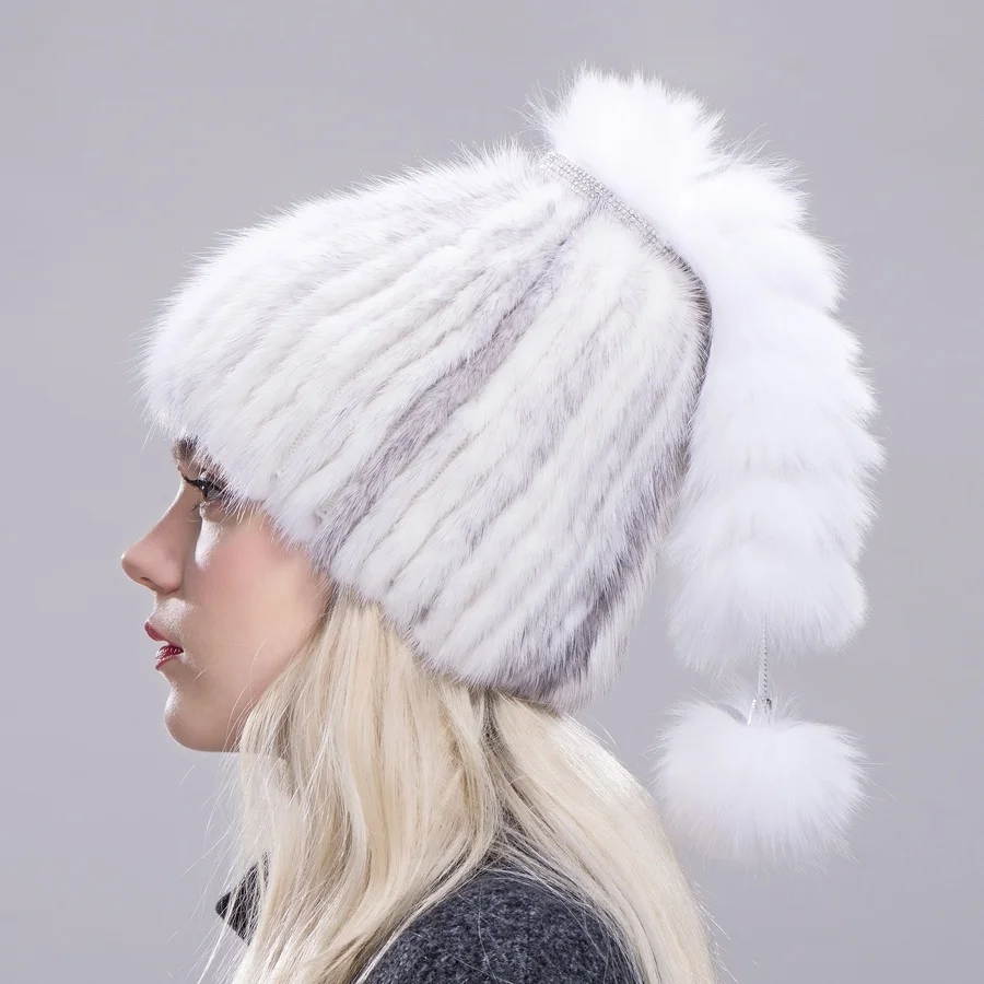 

Mink Ball Russian High Caps Tail with quality Fashion Winter Brand Women Style Ladies Genuine Beanies Fur Hats Luxury Fox