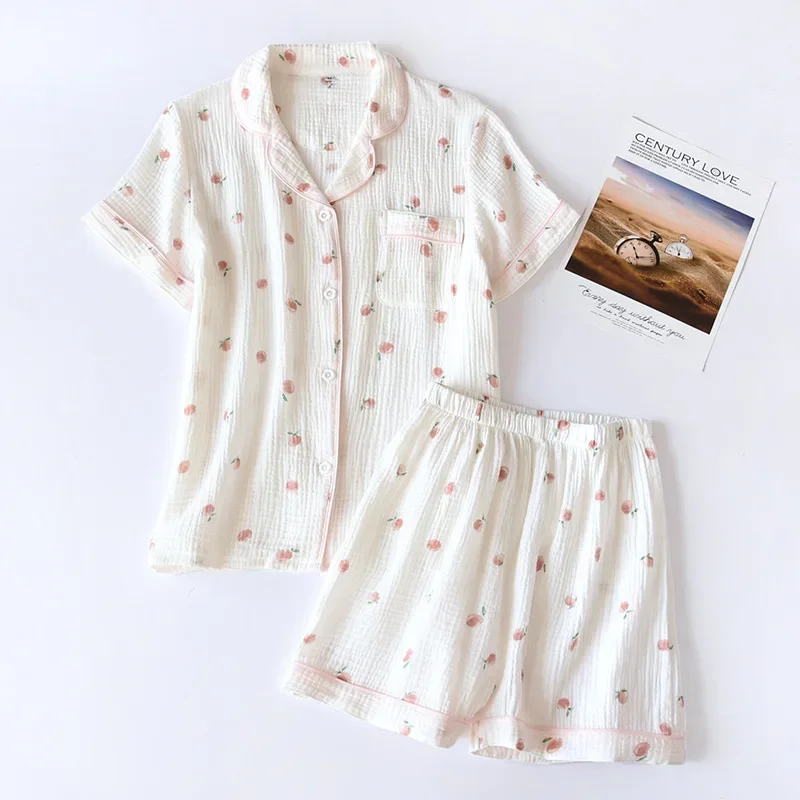 100% Cotton Summer Gauze Sleepwear for Women Short Sleeves Full Cotton Thin Style Pajamas Set Soft Lovely Crepe Fabric Nightwear