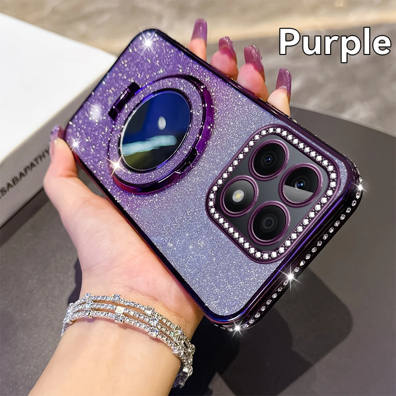 Glitter Plating Silicone Phone Case with Magnetic Bracket & Lens Protector - Pink