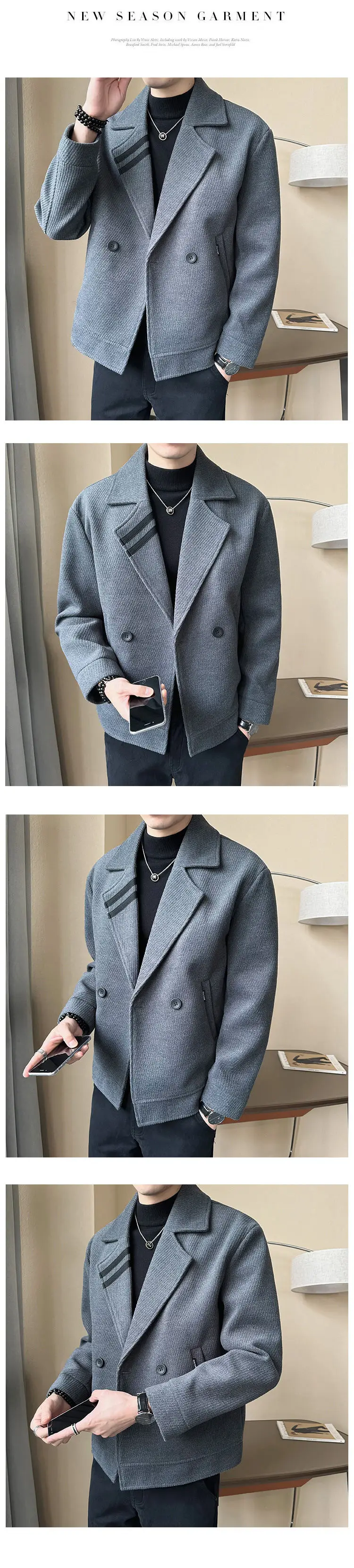 Description Picture 6 of itemTop Quality Men's Fall Winter Short Woolen Coat Double-breasted Men's Solid Color Padded Padded Warm Woolen Jacket Men's Coats