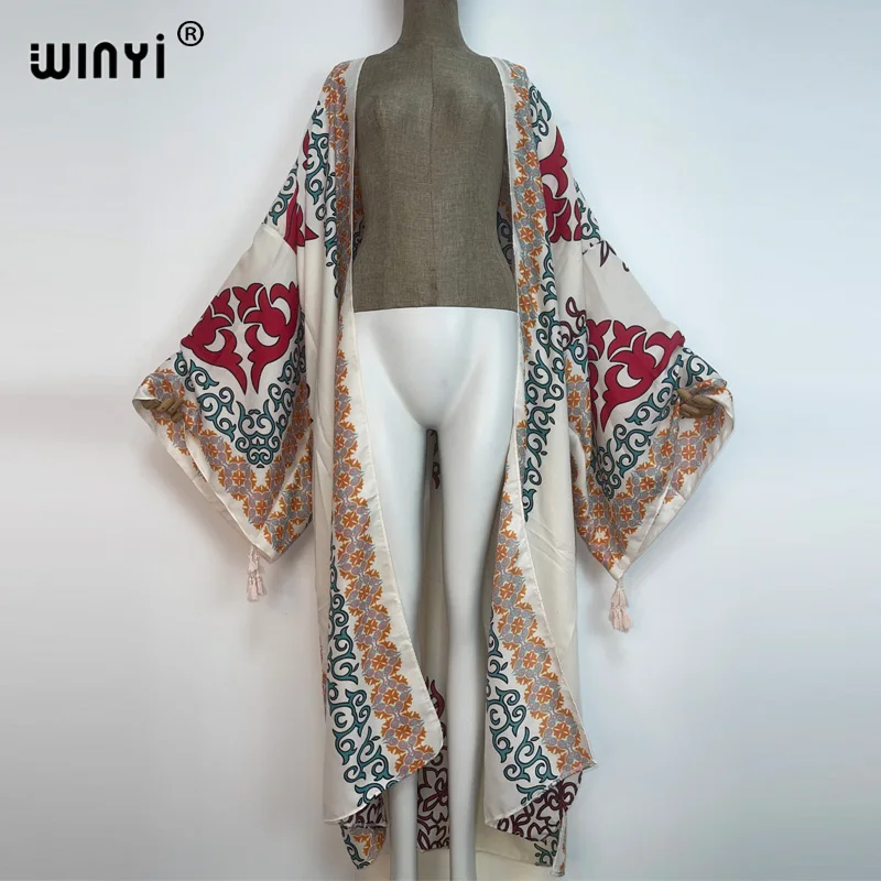 2022 WINYI Summer Beach Wear Swim Suit Cover up sweet lady boho Cardigan cotton feeling sexy Holiday long Sleeve Kimono kaftan