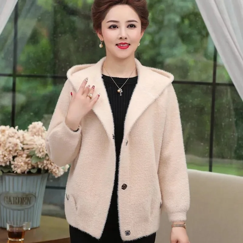 Middle-Aged and Elderly Women's Spring and Autumn New Coat Imitation Mink Velvet Mother Fashion Sweater Cardigan Hoodie images - 6