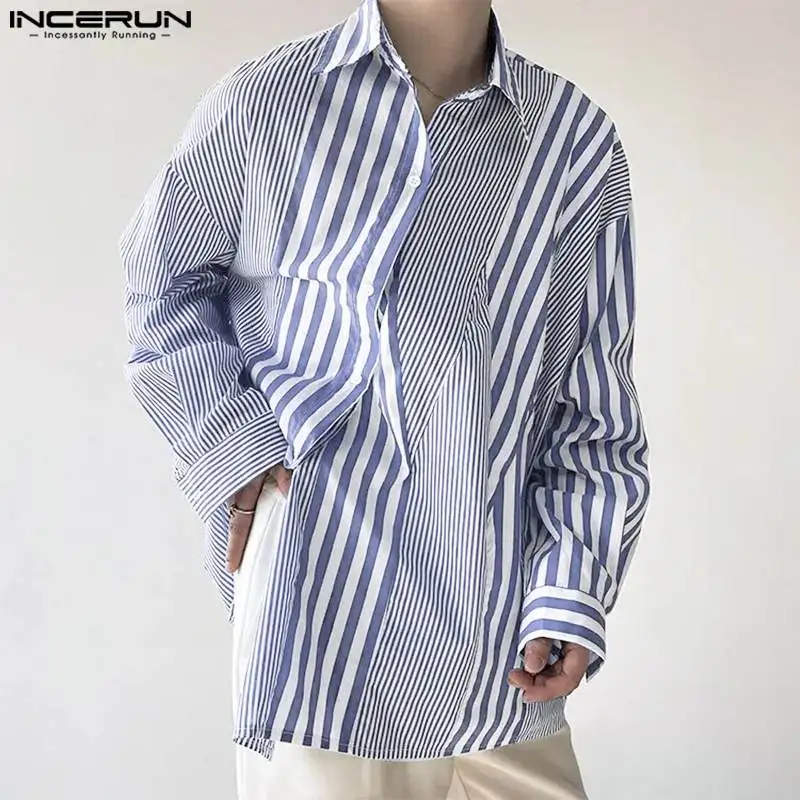 Handsome Well Fitting Tops INCERUN Men's Striped Patchwork Design Shirts Casual Fashionable Male Long Sleeved Lapel Blouse S-5XL