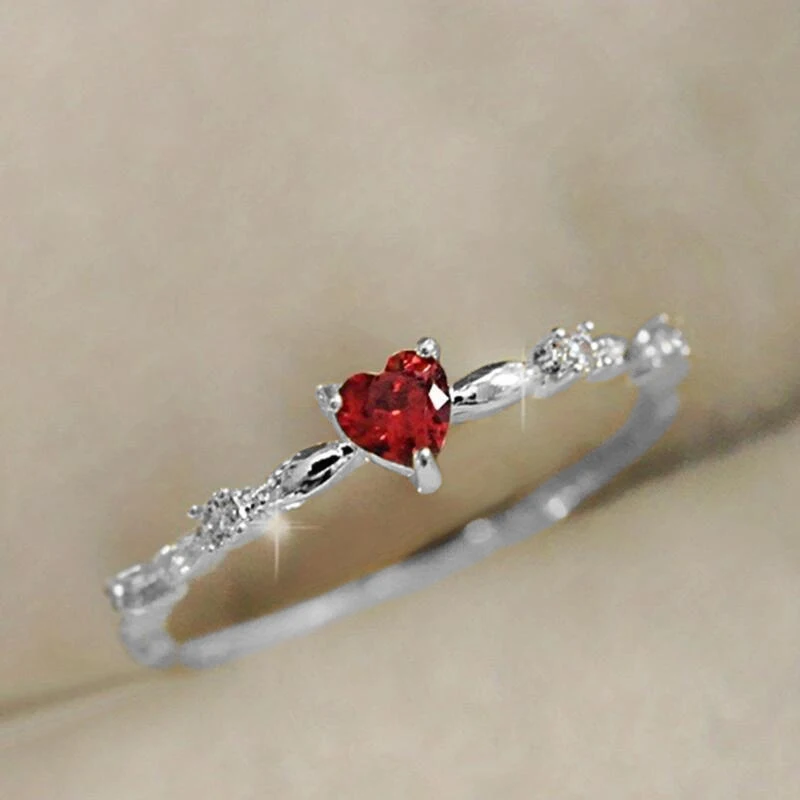 Huitan Exquisite Red Love CZ Engagement Proposal Rings for Women Thin Band Aesthetic Female Fashion Jewelry Fancy Birthday Gift - 2