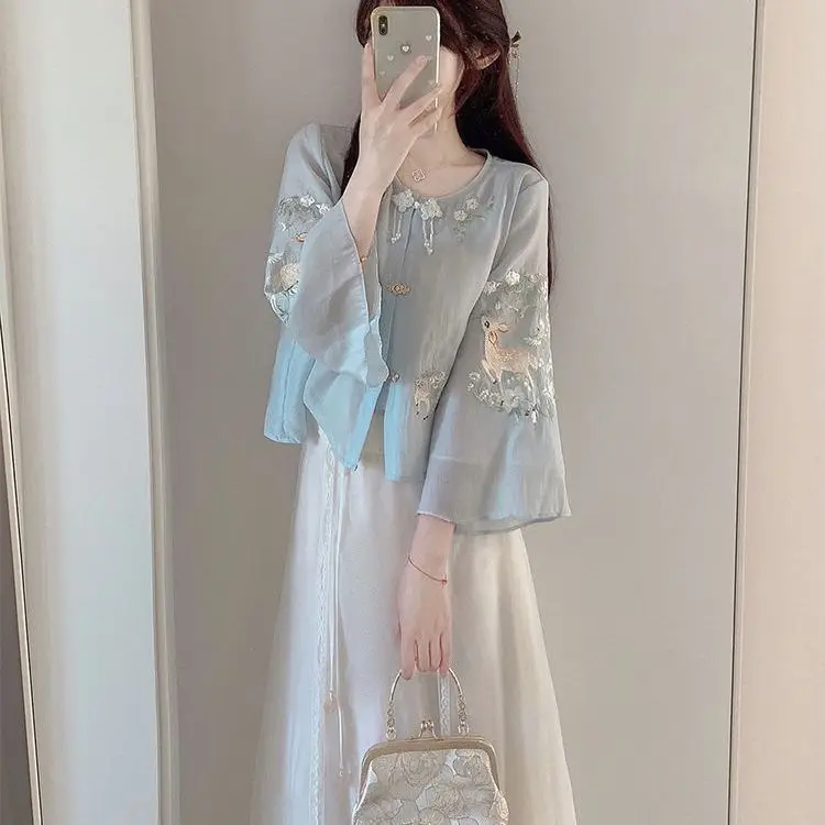 

Autumn New Chinese Style Improved Hanfu Women Chiffon Daily Hanfu High Waisted Slim Blue Embroidered Top Skirt Set For Women