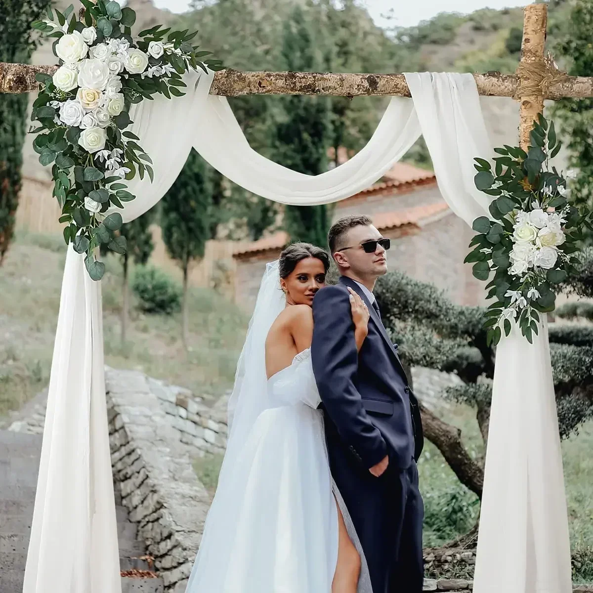 Burnt Orange Rustic Wedding Arch Flowers White Swag Drape Kit for Wedding Ceremony Reception Backdrop Floral Decoration