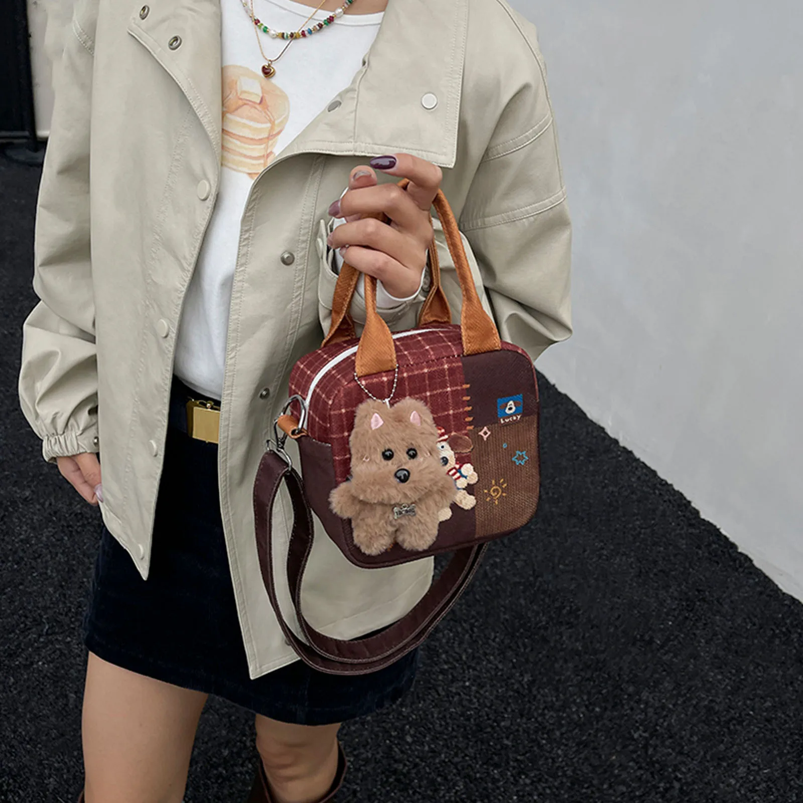 Women Cartoon Plaid Crossbody Bag W/Pendant Shoulder Bag Small Tote Bag for Travel Shopping Daily Use