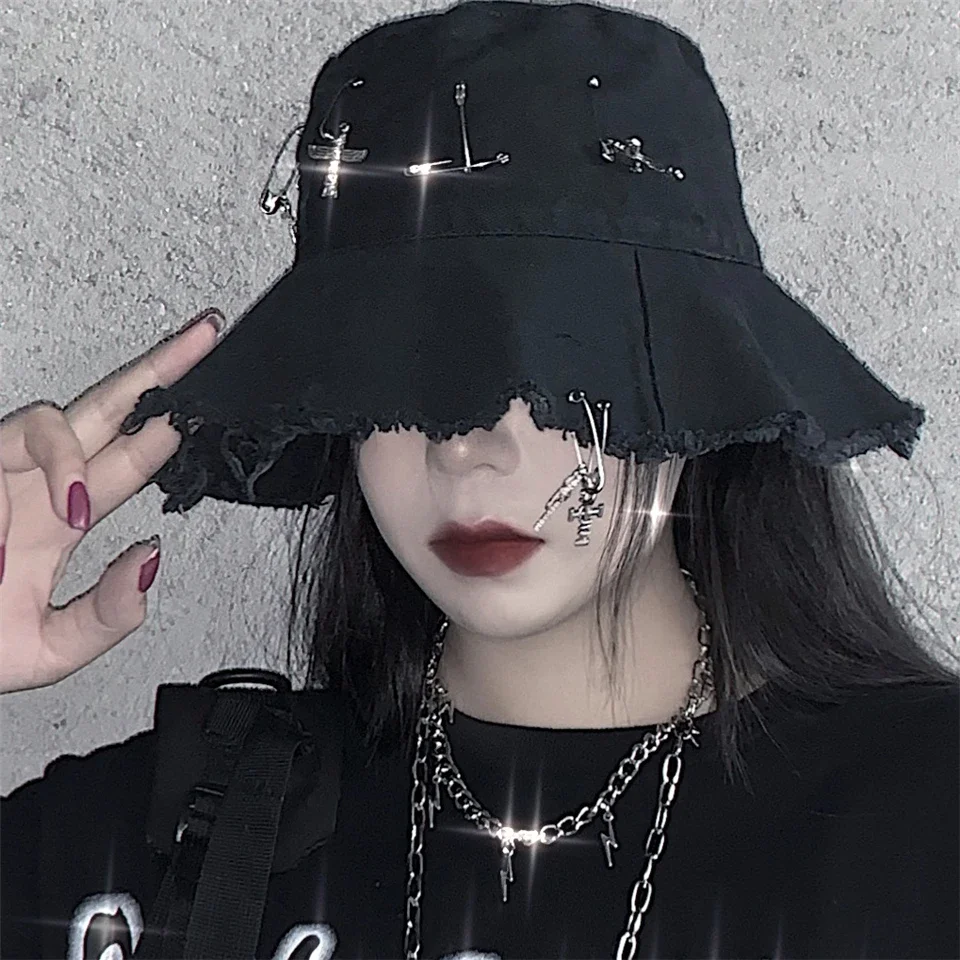 

Ruibbit Harajuku Hat Female Ins Trendy High Street Hip Hop Pin Rings Dark Cross Bucket Caps Grunge Brim Hat Women Black