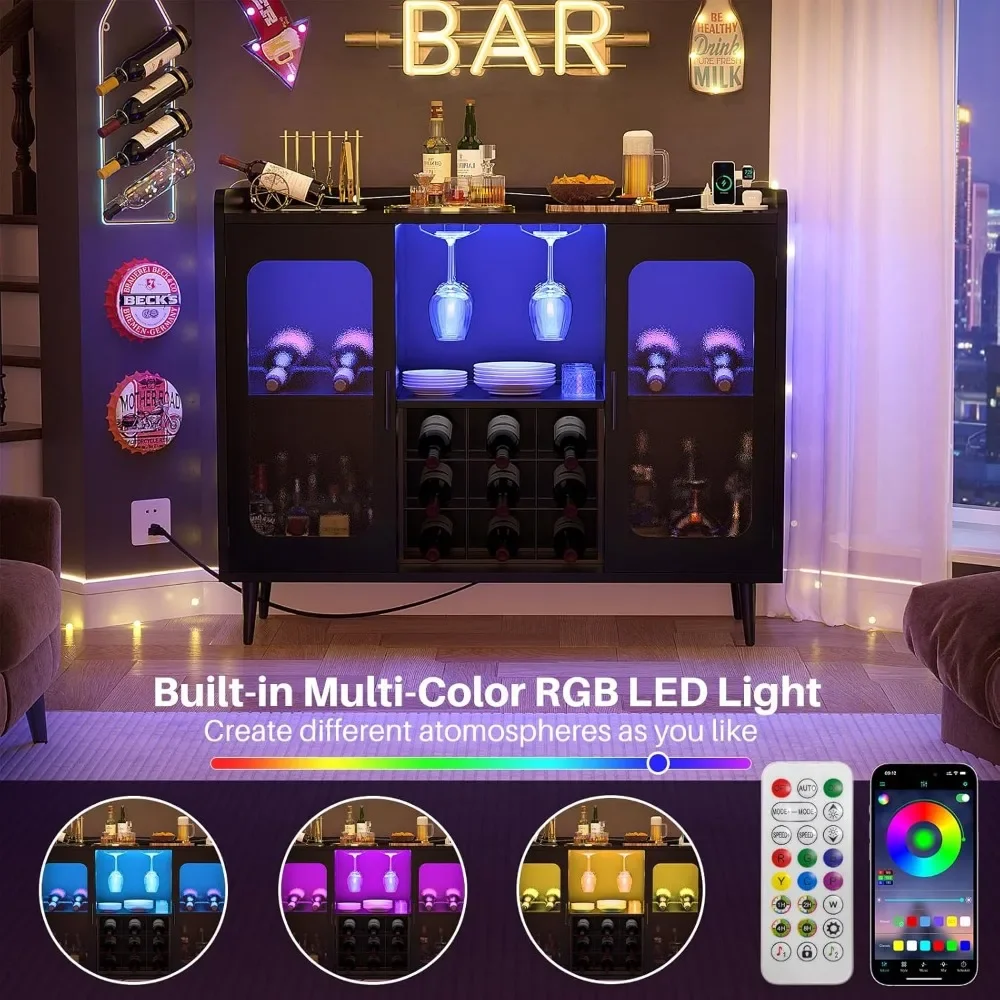 Bar Cabinet with Power Outlet, Liquor Cabinet Bar with LED Light and Glass Holder, Home Coffee Cabinets Furniture