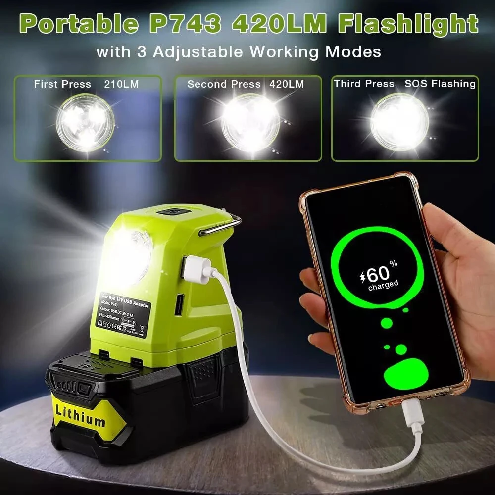 Portable Spotlight LED Work Light For RYOBI 14.4V-18V Li-ion Battery Dual USB Ad