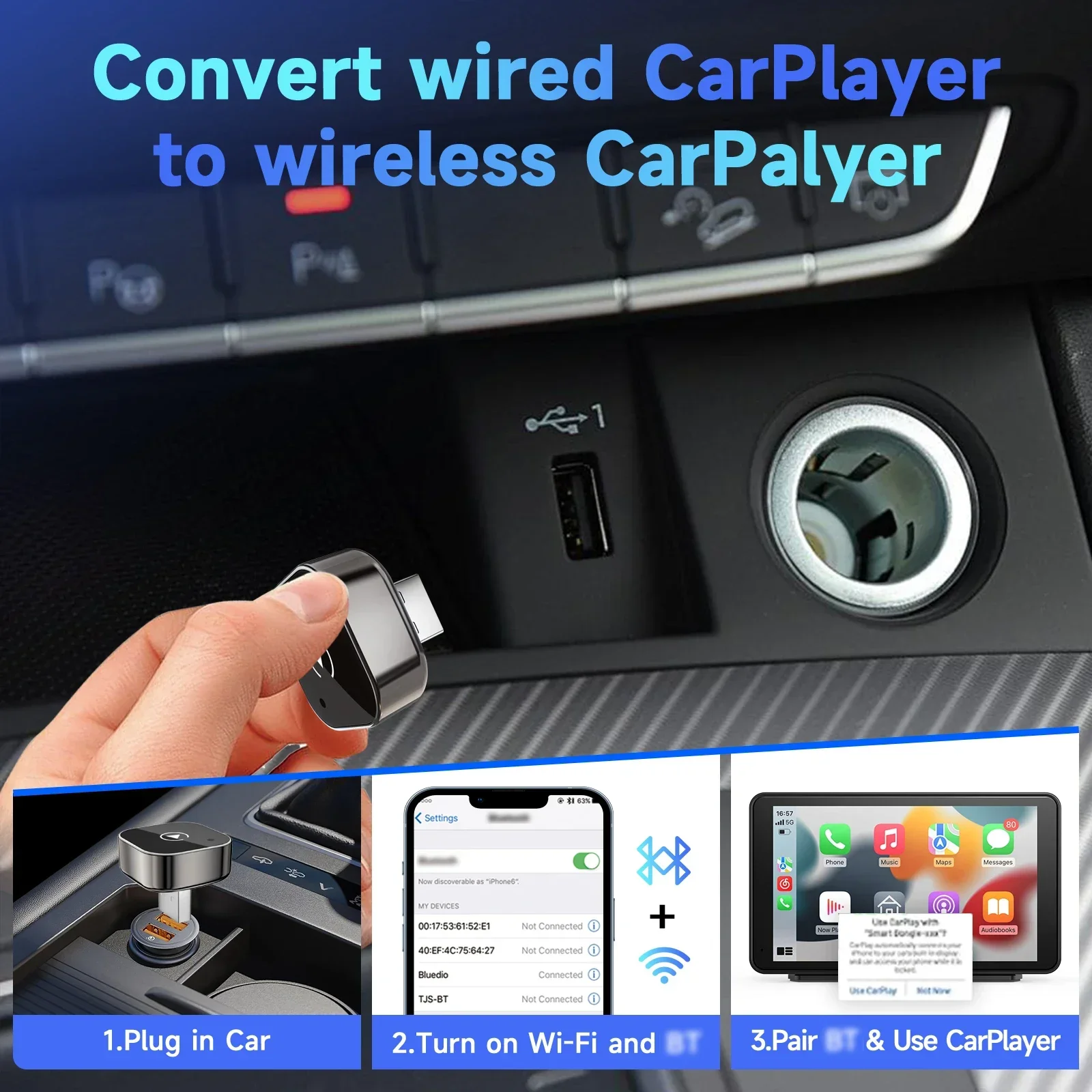 Adaptador CarPlay/Android Auto 2026, de Cable a Inalámbrico, para Apple y Android, Plug and Play, Accesorio Universal para Auto, Último Modelo 6