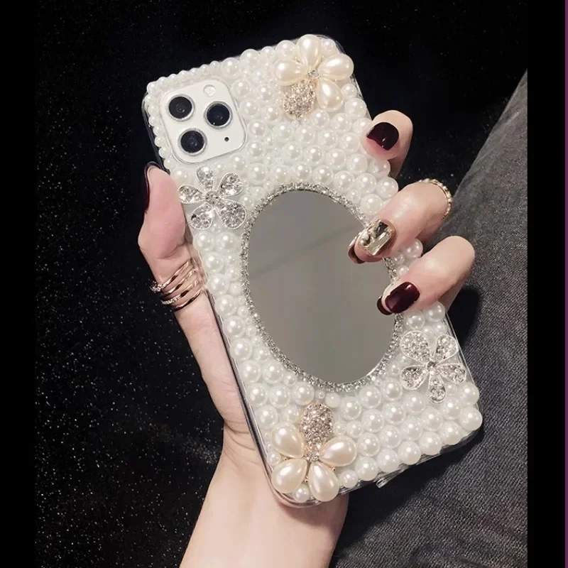 Luxury Bling Rhinestone Mirror Pearl Flower Case for iPhone, Cover for iPhone 16 Plus 15Pro, 14Plus, 13 Pro, 12 Mini, 11Pro MAX