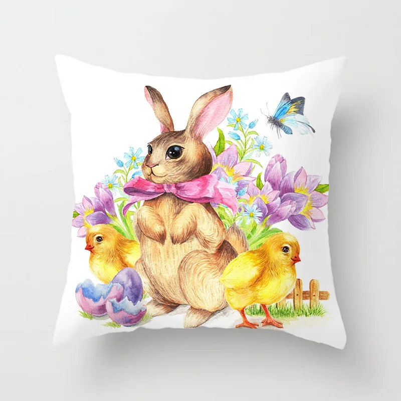 45x45cm Happy Easter Cushion Cover Spring  Home Decorative Flower Garland Rabbit  Egg Print Pillow Case 6