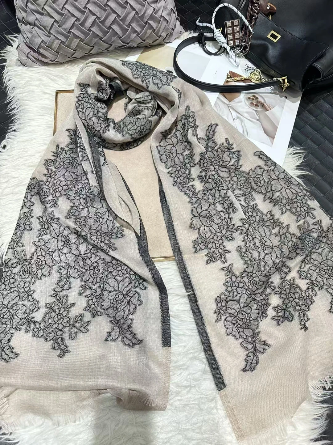 Elegant Winter Pashmina Scarf Wrap with Embroidered Design - Multiple Color Options