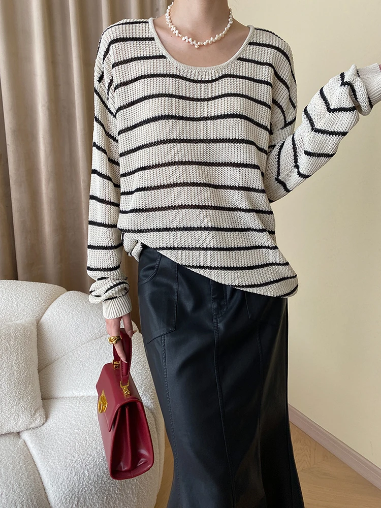 

Apricot Big Size Striped Knitting Sweater Round Neck Long Sleeve Women Pullovers New Fashion Spring Autumn O601