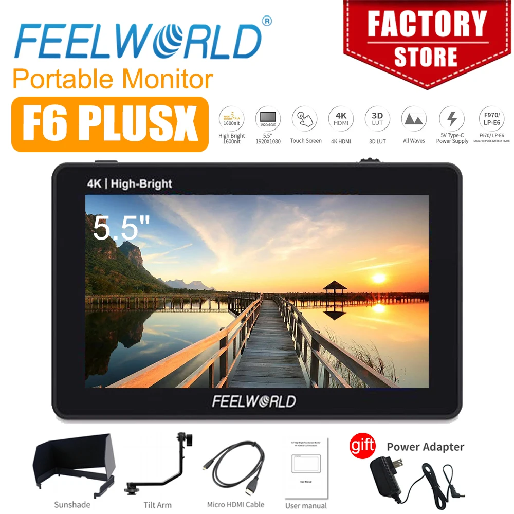 FEELWORLD F6 PLUSX 5.5 Inch High Bright 1600nit Touch Screen DSLR Camera Field Monitor IPS FHD1920x1080 4K HDMI
