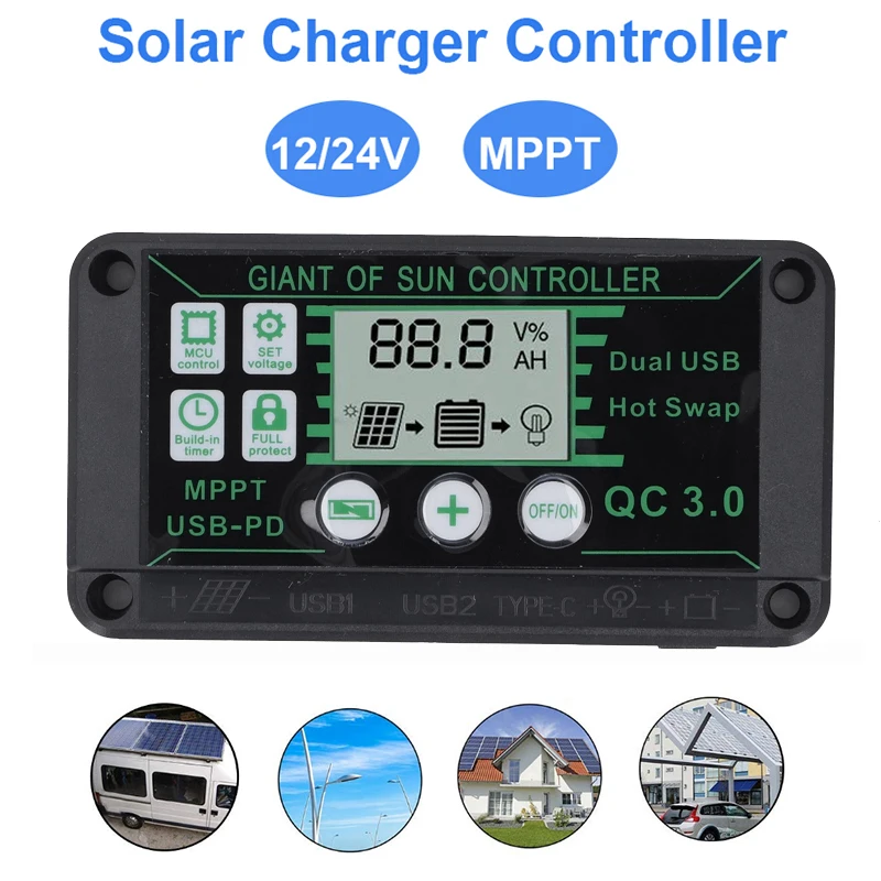 Solar Battery Charge Controller 30A/60A/100A MPPT Regulator Dual USB PV Panel