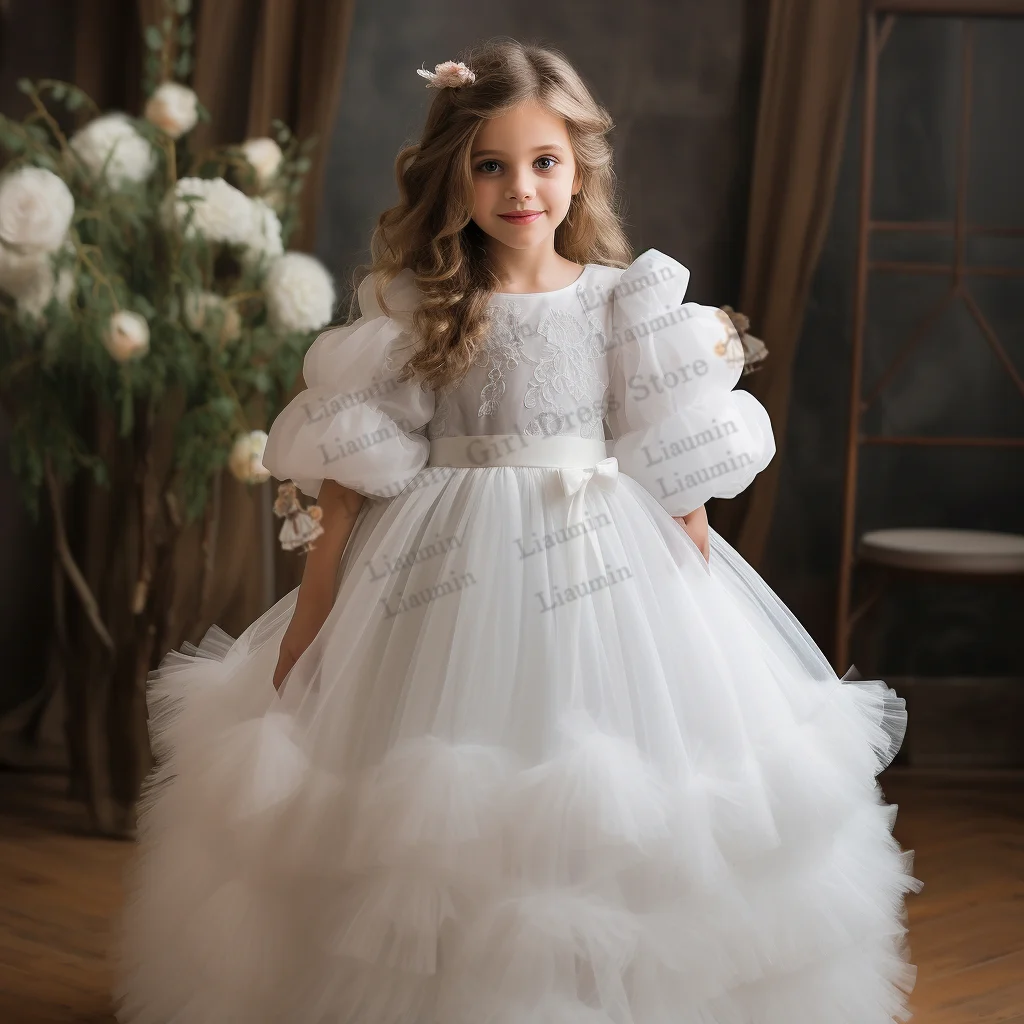

New Flower Girl Dresses for Wedding Tulle Princess Short Puff Sleeve First Communion Skirt Party Pageant Clothes For Kids F09