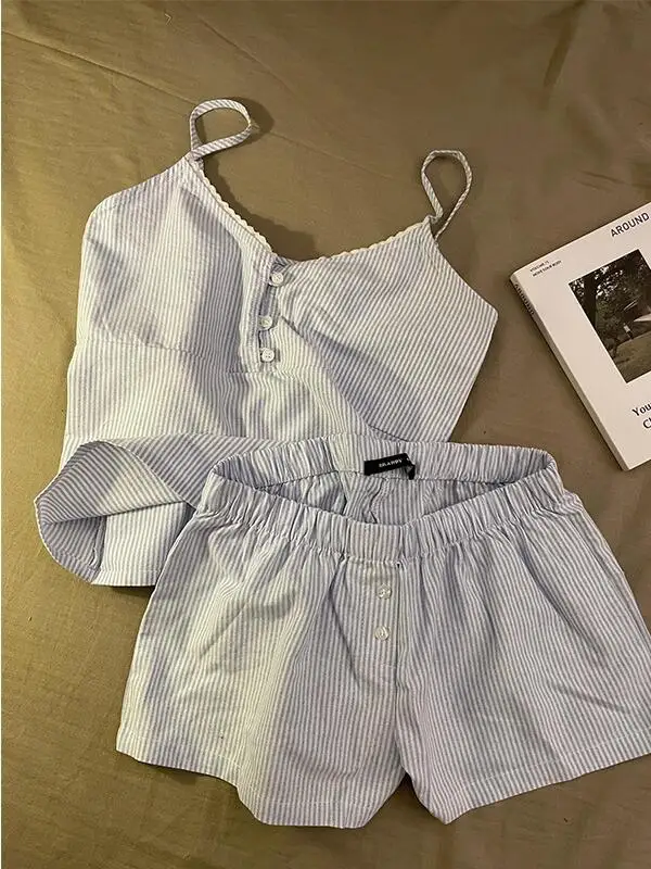 Summer New Sle BM Wind Japanese Girl Color Blo Stripe Strap Spwear Casual orts Home Clothes Set Women's V-ne Night...