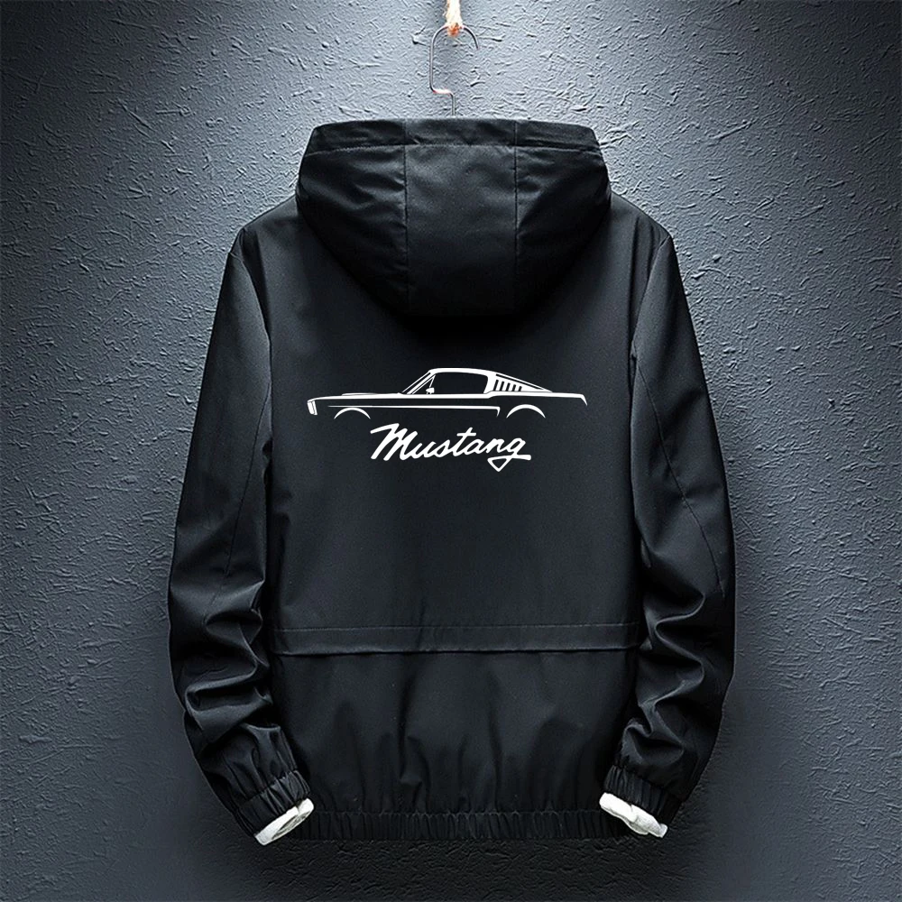 2023 new printed men's Mustang logo hooded jacket windbreaker zipper spring and autumn slim coat jacket
