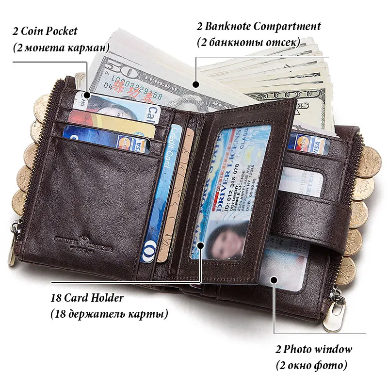 RFID Men Card Wallet with Anti-theft Chain Genuine Leather Classic Purse Bifold Casual Male Credit Card Holder with ID Window