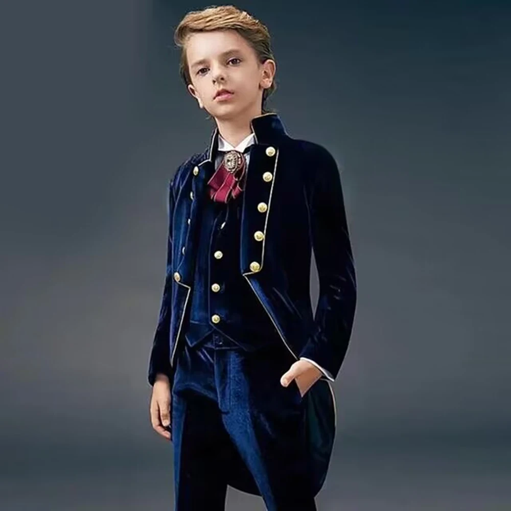 Navy Blue Velvet Boys Suits 3 Piece Formal Blazer Vest Pants 3 Piece Kids Tailcoat Elegant Performance Clothes Children Tuxedos
