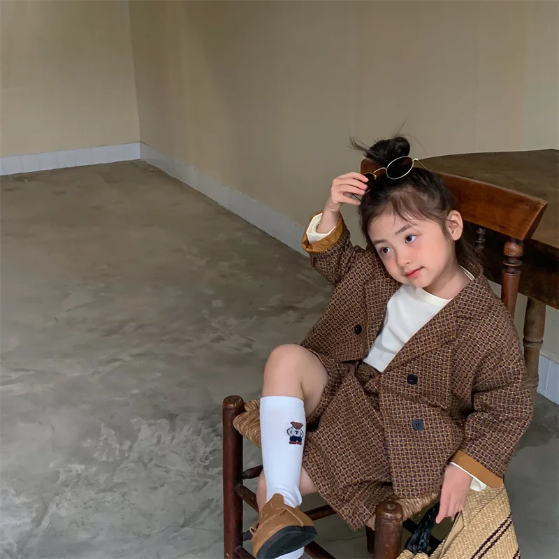 

2023 Korean Spring Autumn Children Girls 2PCS Plaid Elastic Waist Shorts Suit Double Breasted Western Style Coat Kid Girl Outfit