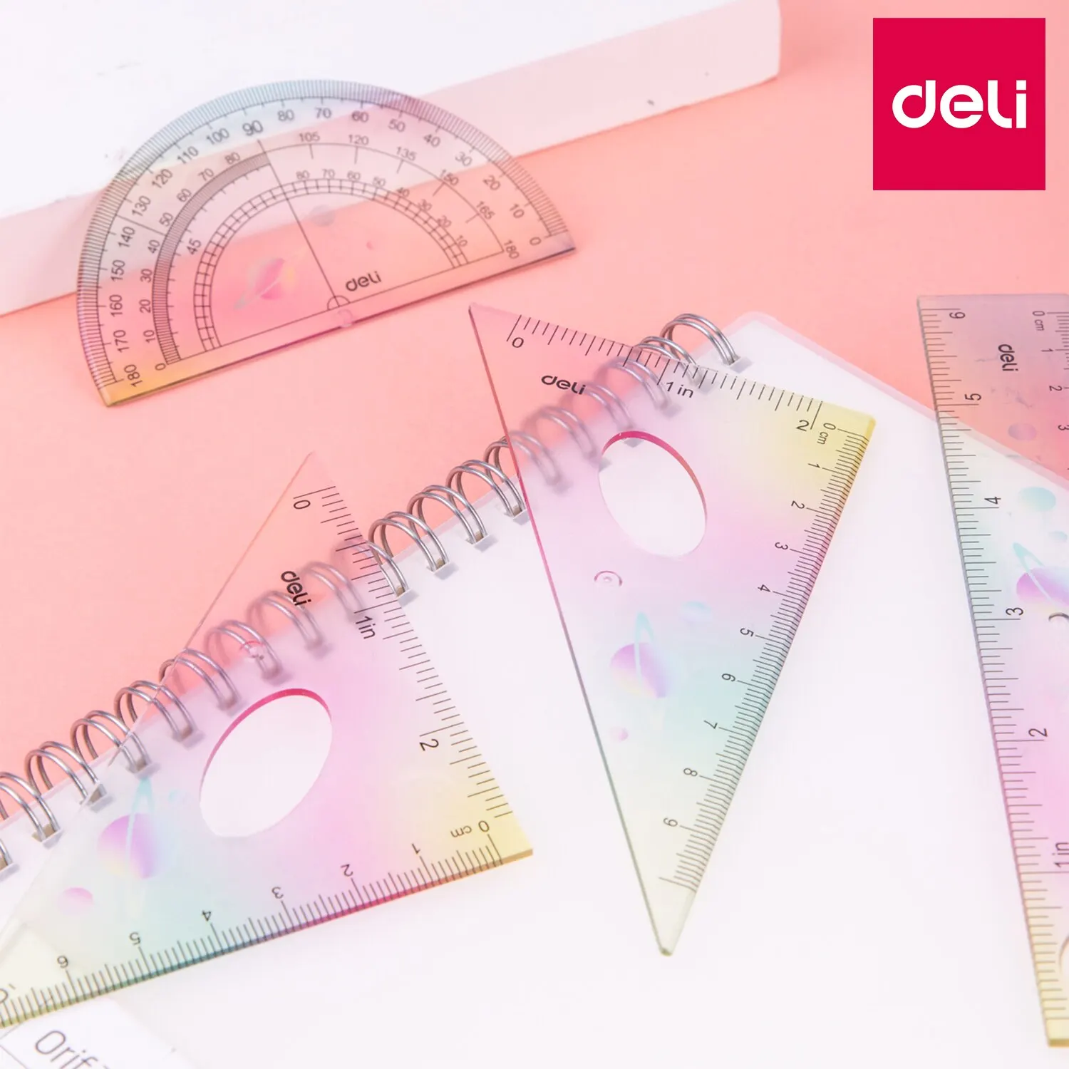 Deli 4pcs Set PS Materials Ruler Set Metal/Plastic/Soft Geometry Maths Drawing Compass Stationery Rulers Mathematical for School
