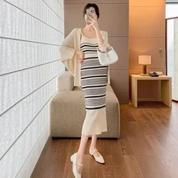 Autumn Winter Fashionable Knitted Stripe Strap Dress+Batwing Sleeve Maternity Sweater Twinset Pregnant Woman Nursing Dress Suits
