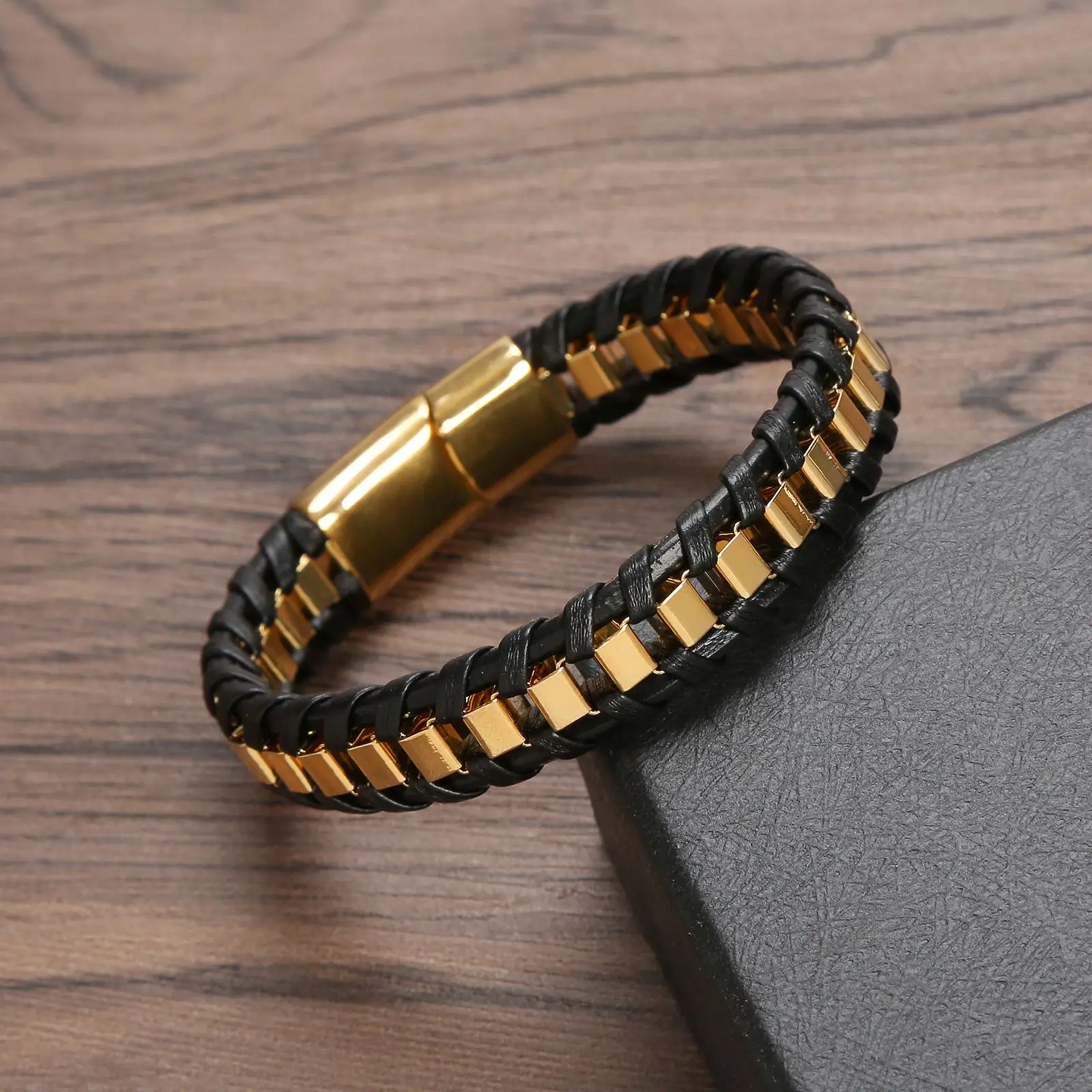 Classic Hand Woven Stainless Steel Leather Bracelets For Men Gold Black Color Charming Jewelry Punk Hip-Hop Bracelets Gift - Image 4