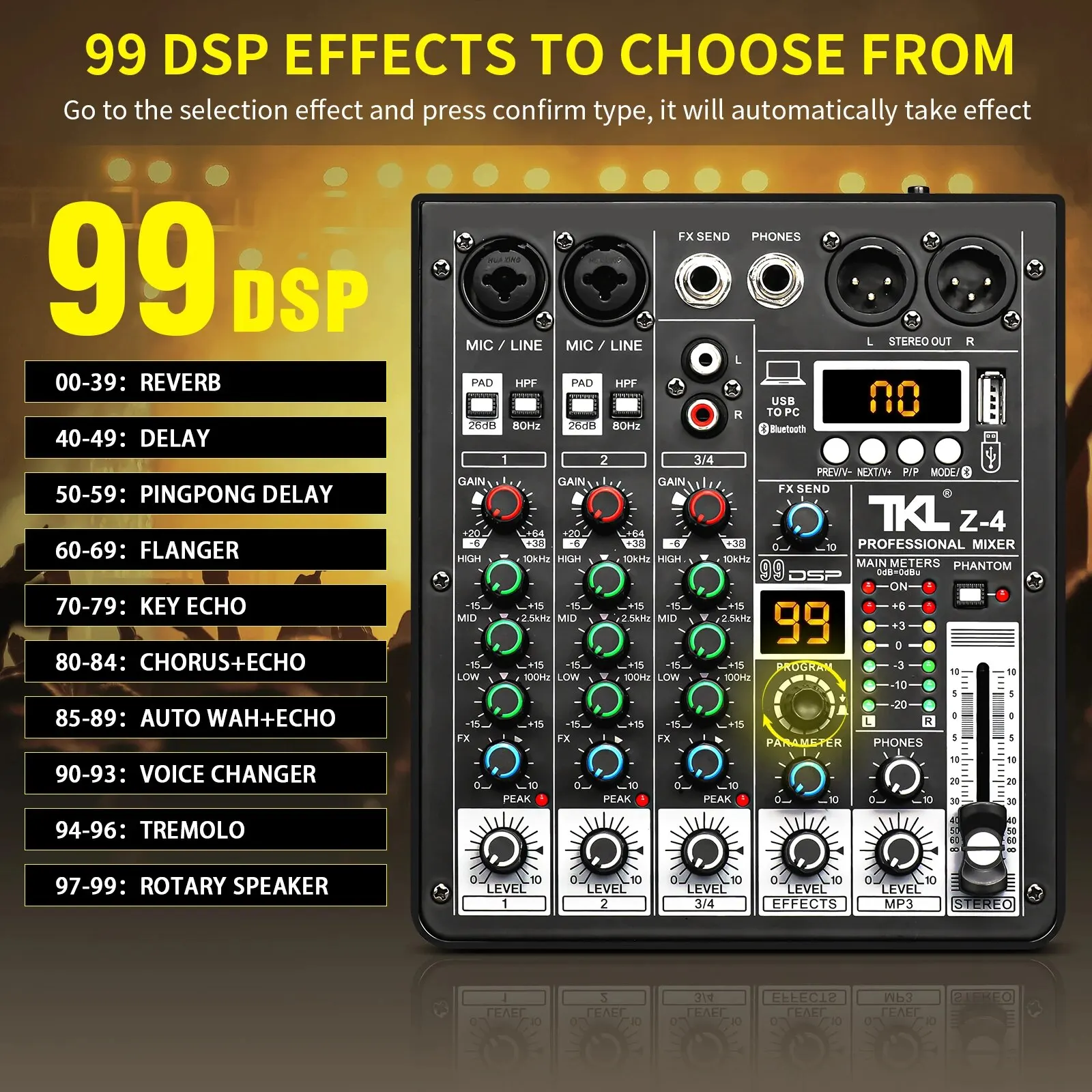 TKL Z-4 4 Channels Audio Mixer 99DSP Bluetooth USB 48V Phantom Power Delay Mixing Console PC Recording Mixer Audio