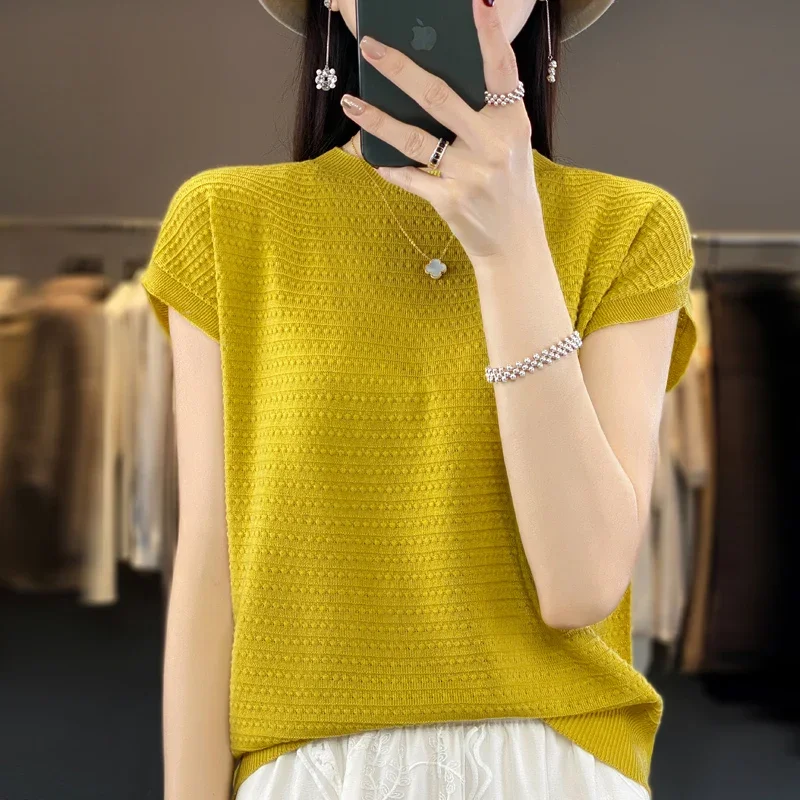 

Ready-to-wear Bat Sleeve Knitted Ice Silk Short-sleeved T-shirt Women's Summer New Loose Fashion Thin Round Neck E655