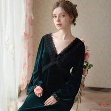  Nightdress Sexy V-Neck Lace Floral Sleepshirt Velvet Nightgown Women Loose Nightwear Autumn Velour Home Dressing Gown Homewear 