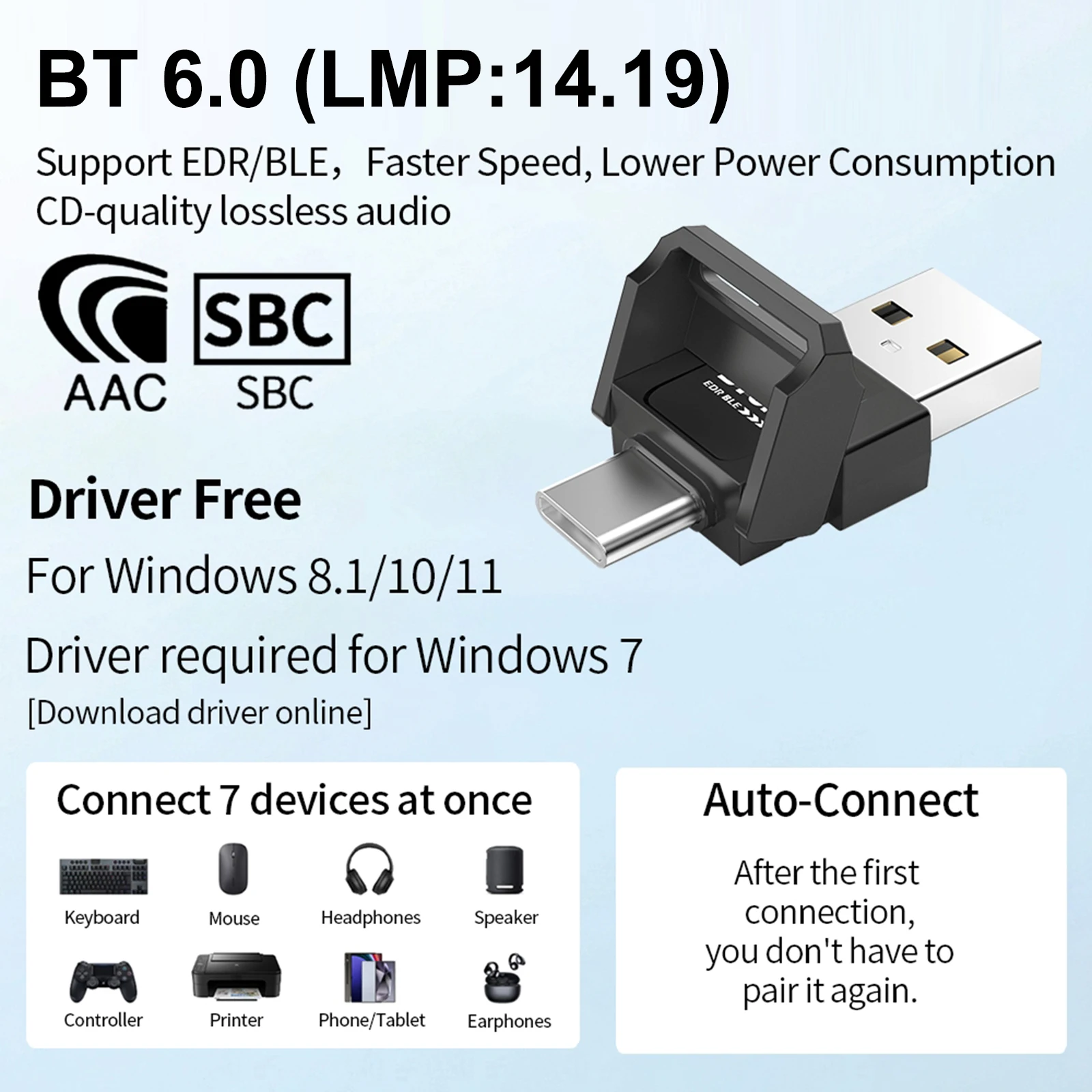 USB 블루투스 6.0 어댑터 BT6.0 무선 스마트 오디오 송신기 미니 수신기 동글 드라이버가 필요 없는 헤드폰 키보드 스피커용