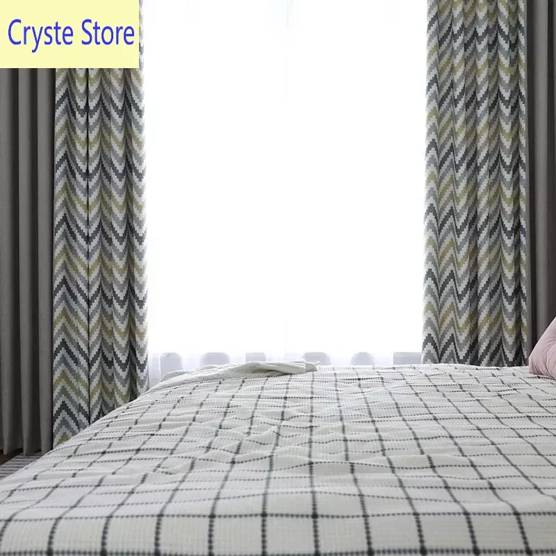 

Simple modern patchwork color blocking polyester fiber high blackout curtains light luxury bedroom vintage rice grain linen