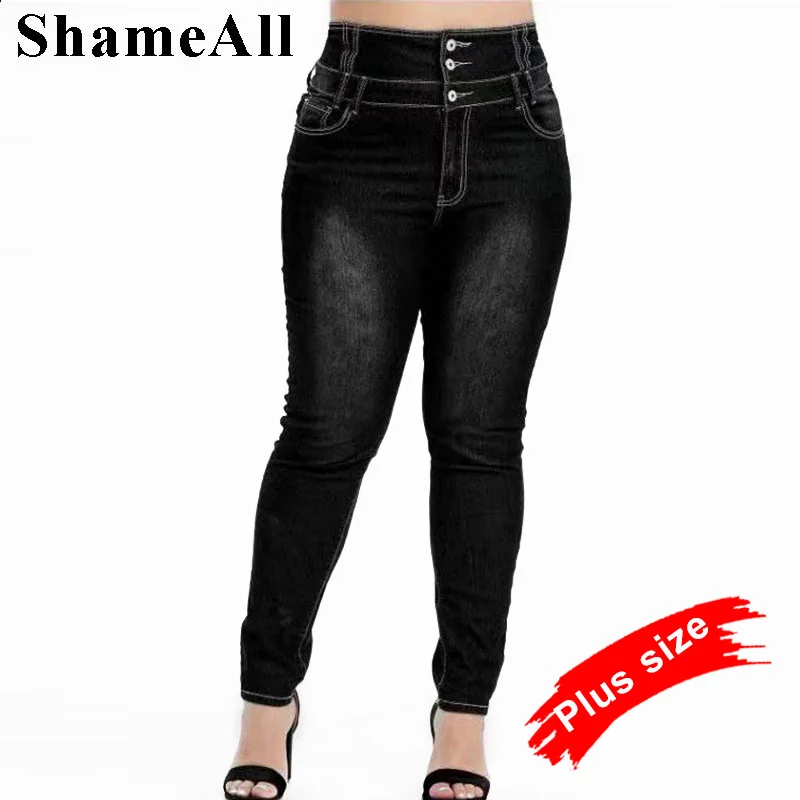 Plus Size Button Up Skinny Black Gray Long Jeans 4XL 5XL Women Spring High Waist Stretch Skinny Thin Denim Pants Lady Trousers spring summer high waist faux denim jean leggings slim stretch skinny pencil pant female push up jeans trousers plus size