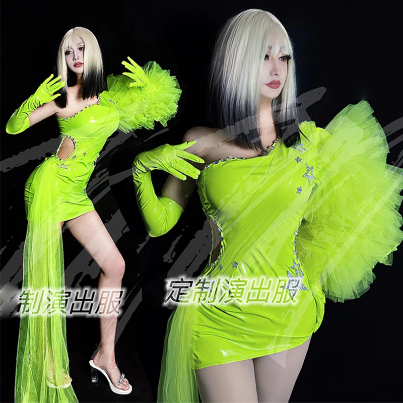 

Fluorescent Green Sexy Gogo Dancer Costume Fluffy Sleeves Dress Singer Performance Nightclub Wear Festival Party Outfit