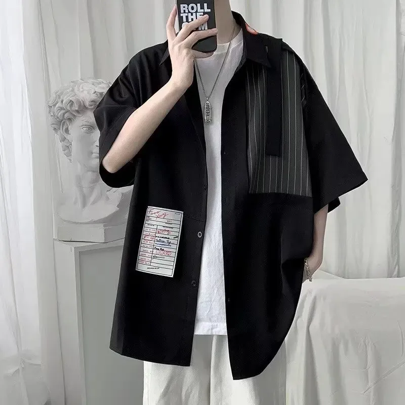 Trendy Hong Kong Style Loose Fit Men's Short Sleeve Shirt Casual Scene Ins Trendy Brand Design Sensibility Men's Wear