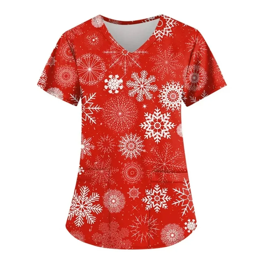 thumbnail image 1 of Uniforme de enfermera navideño para mujer, mono con cuello en V y manga corta con estampado de copos de nieve navideños, uniforme de trabajo médico para el cuidado de la salud, 1 of 4