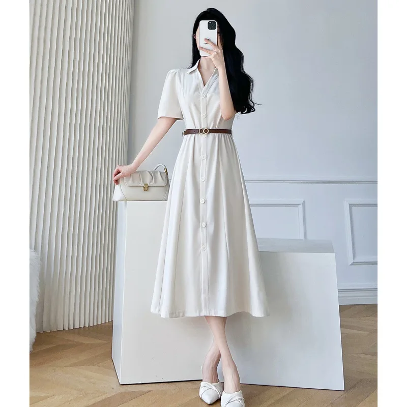 

Vintage Forest Dress Women 2024 Summer Elegant Loose Button Up Crew V Neck Knee-Length Dresses with Belt