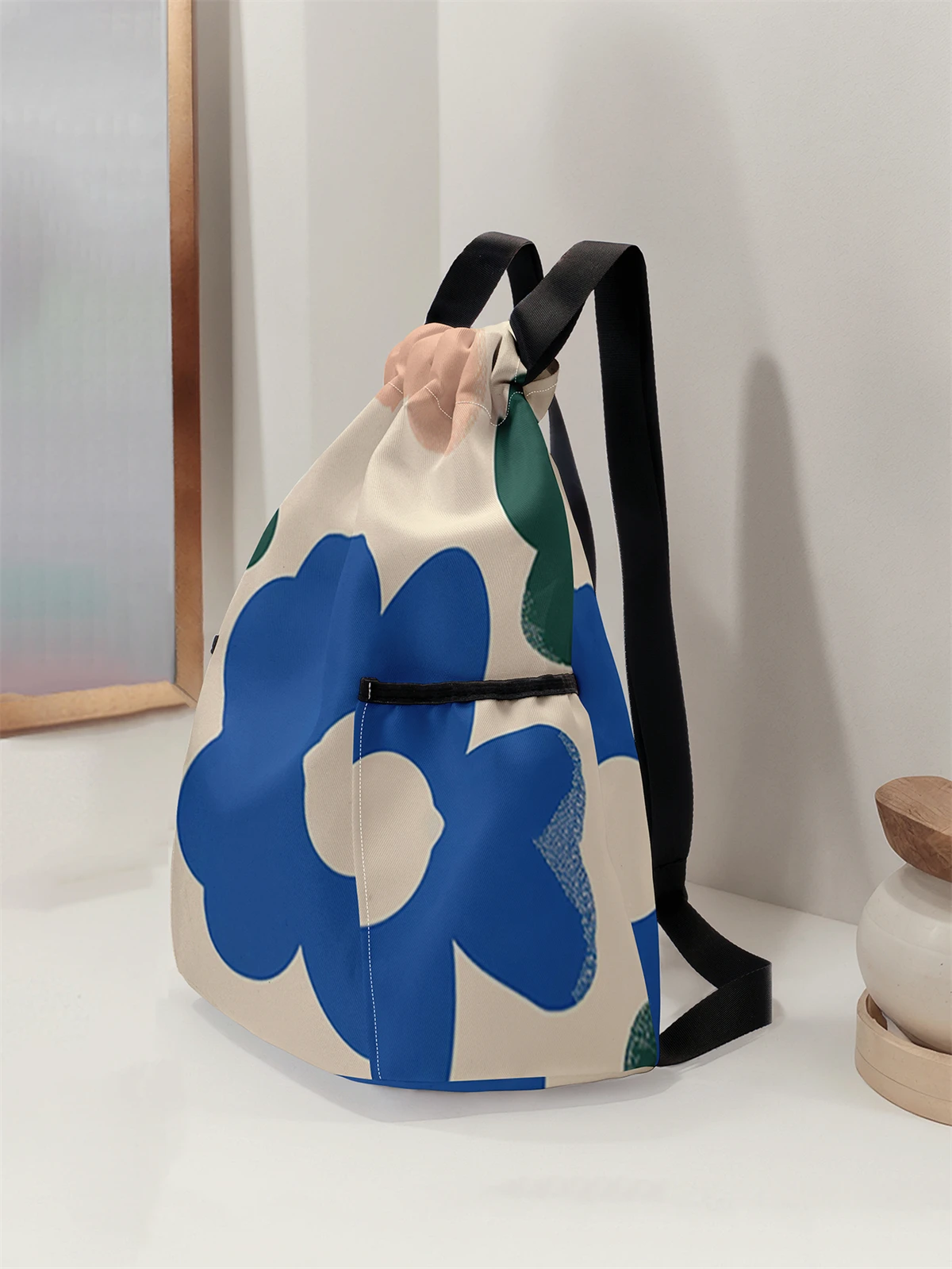 Floral Pattern Printed Drawstring Backpack - Large Capacity Durable Fitness Bag, Sports Beach Backpack