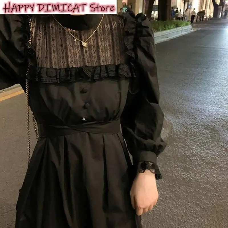 

DIMI Long Sleeve Dress Emo Y2k Goth Clothes Spring Robes Gothic Black Lace Dress Women Casual Elegant Party Midi Ruffle