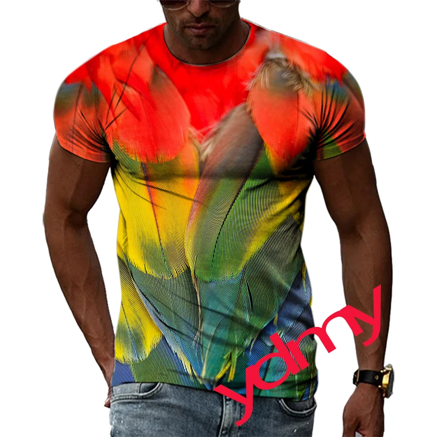 

Summer Leisure Colored Feather Pattern Men's T-shirt Hip Hop 3D Print Personality Rod Neck Short Sleeve Tops Fashion Clothes