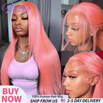 Peluca lisa rosa de cabello humano brasileño con encaje HD frontal 13x6 1