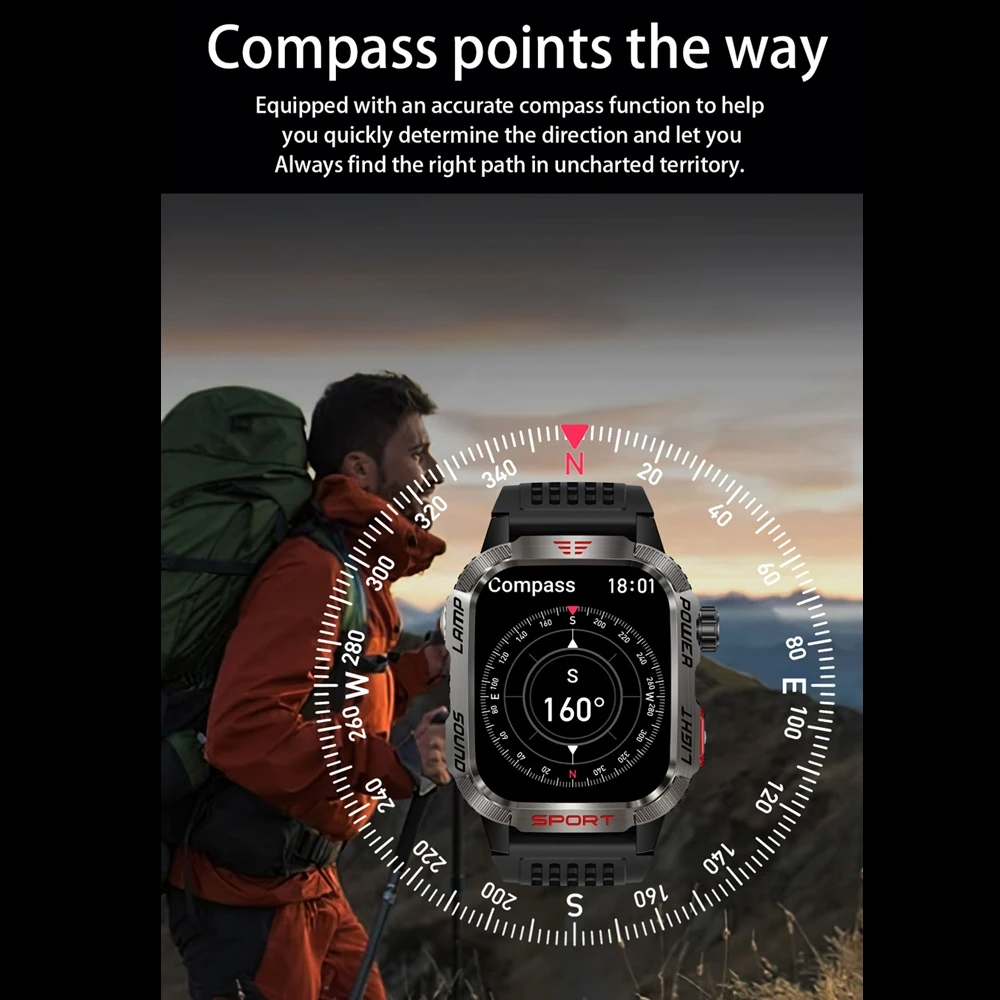 New Global Smartwatch 2.01 Inch 600mAh Large Battery LED Light Compass Men Outdoor Sport Watch Voice Assistant Wireless Call