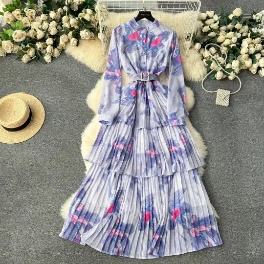 2024 Spring New French Gentle Style Printed Chiffon Dress Women's Hundred Pleated Ruffle Edge Holiday Cake Muslim Dress Women