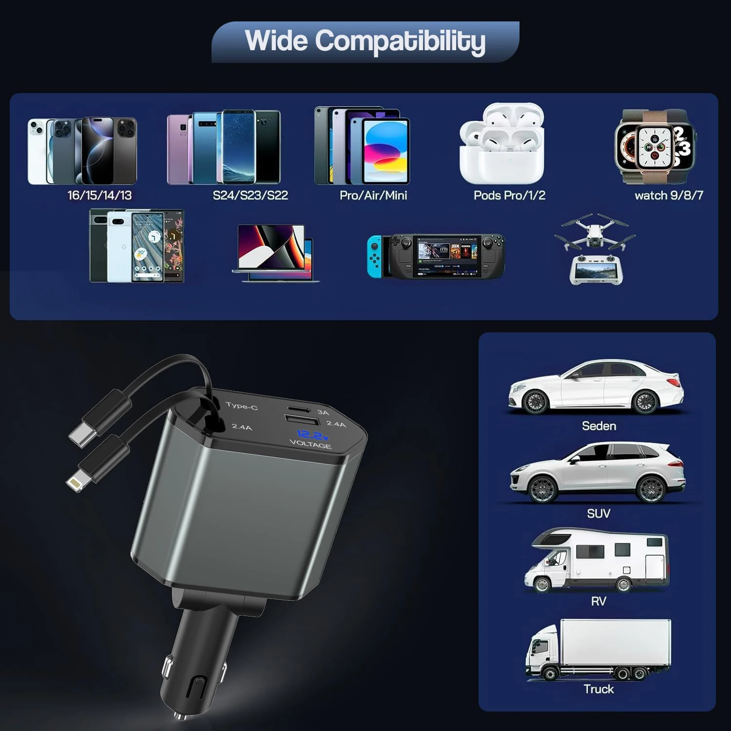 66W 접이식 차량용 충전기 고속 충전 4-in-1 USB C & USB A, PD&QC 차량용 휴대폰 충전기 (아이폰 6-17, 패드, 안드로이드 기기용)
