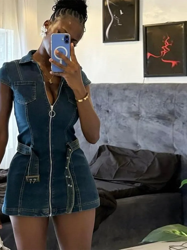 Mode Denim Kurzes Kleid Für Frauen drehen-unten Kragen Ärmellose Zipper Gürtel Vestidos 2025, Sommer Elegante Weibliche Casual Kleider